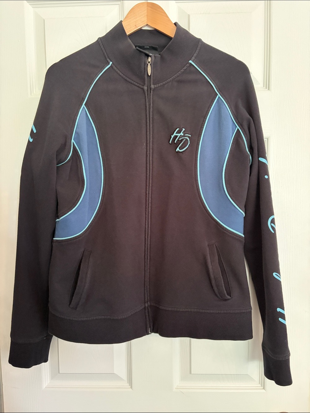 Vintage Women’s Harley-Davidson Black Jacket with Blue Accents, Size Large